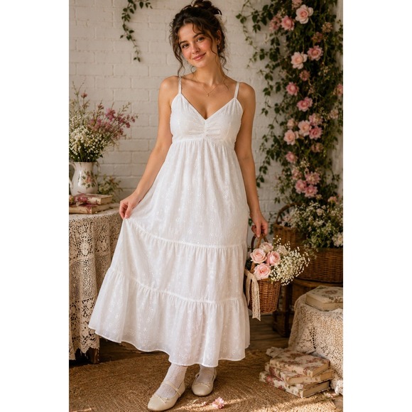 Ophelia Roe Dresses & Skirts - Ophelia Roe White Eyelet‎ Prairie Midi Dress Cottagecore Coquette XL